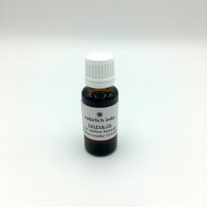 Die runde 20ml-Braunglasflasche mit weißem Deckel und Gießring enthält eine duftende, rötlichbraune Ölmischung.